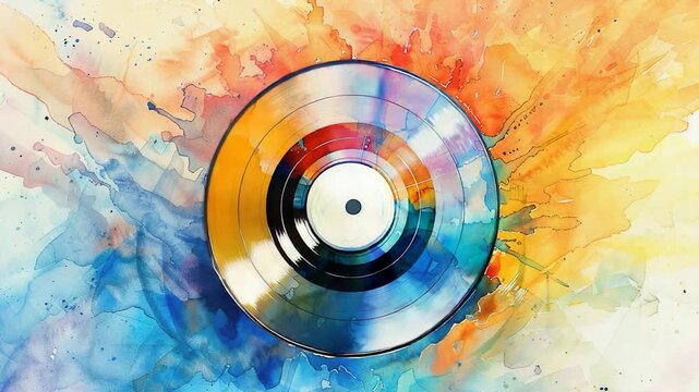 A colorful watercolor painting of a vinyl record with intricate details and textures