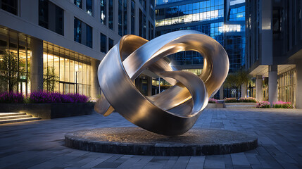 Abstract metal spiral sculpture displayed in a modern urban cityscape, contemporary art installation with sleek metallic textures and architectural background