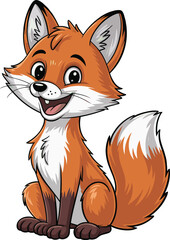 Fototapeta premium Cartoon fox sitting, cute animal character, vector woodland creature, smiling orange fox illustration, children’s design, stock image artwork, friendly pose