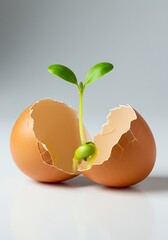 Sprout Growing from Broken Eggshell on White Surface