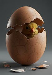 Cute Yellow Chick Hatching From Broken Brown Egg on Gray Surface