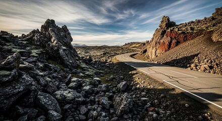 Scenic winding road through a dramatic volcanic lava field under a vast sky