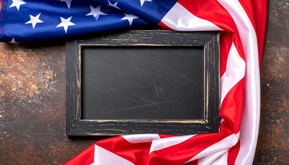 Veterans Day Tribute: Flat lay of an empty chalkboard framed by an American flag on a rustic background, conveying a solemn and respectful mood.