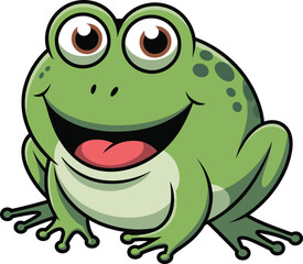 Cartoon frog smiling, green amphibian character, cute frog illustration, vector art, expressive eyes, red tongue, children content, playful design