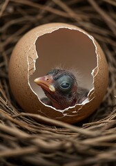 Tiny Hatchling Inside Cracked Egg in Nest First Moments