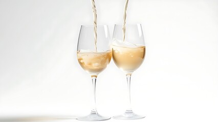 Obraz premium Elegant wine glasses capturing the graceful pour of white wine in a clean studio setting.