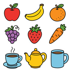Hand drawn cartoon food and drink icon set isolated on white background. Apple, banana, orange, grape, strawberry, carrot, tea cup, teapot, coffee cup. Vector illustration.