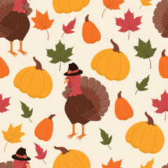 Turkey bird, pumpkin and leaves seamless pattern for Thanksgiving holiday. Vector illustration for wallpaper, packaging, wrapping and background.