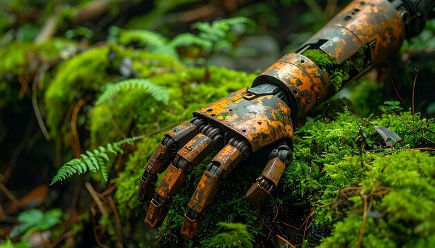 Rusted robot hand on moss with ferns, symbolizing nature overcoming technology. Suitable for scifi, environmental, or technologythemed concepts.