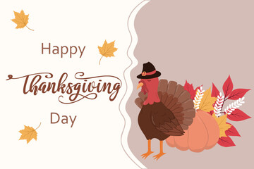 Autumn leaves, pumpkins and turkey bird vector illustration for thanksgiving  card.