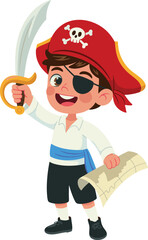 Cartoon pirate child, red hat with skull, sword in hand, treasure map, cheerful pose, vector illustration, playful adventure, kids theme