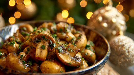 Fototapeta premium Sautéed Mushrooms with Garlic and Herbs, Festive Holiday Appetizer