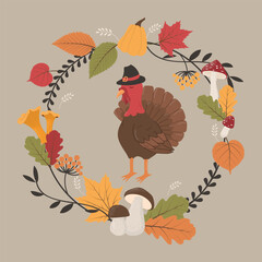 Thanksgiving card with turkey. Fallen leaves, mushrooms and pumpkins lying in a circle. Vector illustration