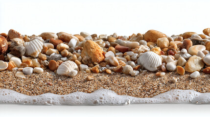Obraz premium Smooth pebbles and shells tumble on sandy beach shoreline with gentle wave foam