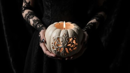 Elegant Hands in Black Lace Holding White Victorian Jack-o-Lantern