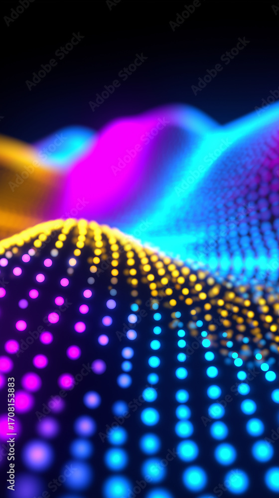 Poster abstract glowing wave of colorful dots in digital cyberspace.