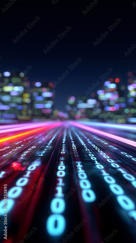 Poster digital highway with glowing binary code leading through futuristic city.