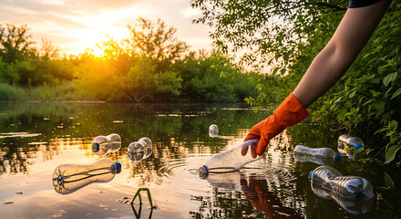 Volunteer cleaning up plastic bottle pollution from a river at sunset to protect the environment