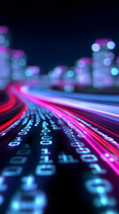 Digital highway with glowing binary code leading through futuristic city.  
