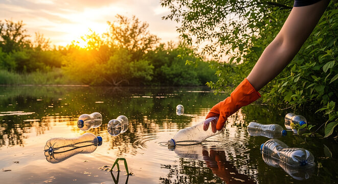 Volunteer cleaning up plastic bottle pollution from a river at sunset to protect the environment