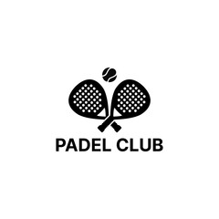 A minimalist black and white design featuring two crossed padel rackets and a ball, perfect for a sports club or team emblem on a clean background.