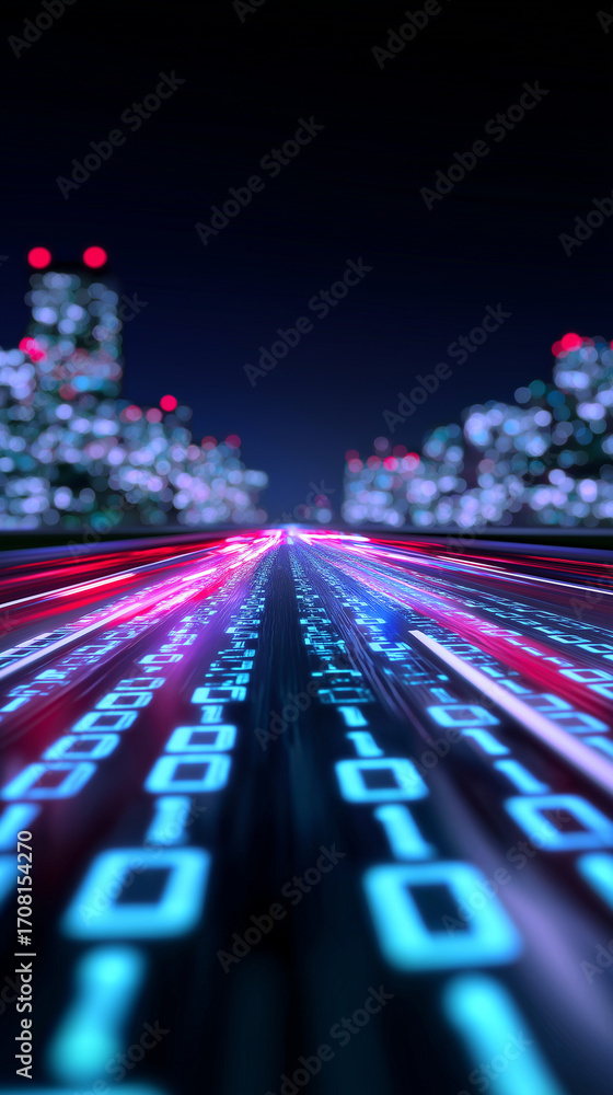 Poster digital highway with glowing binary code leading through futuristic city.