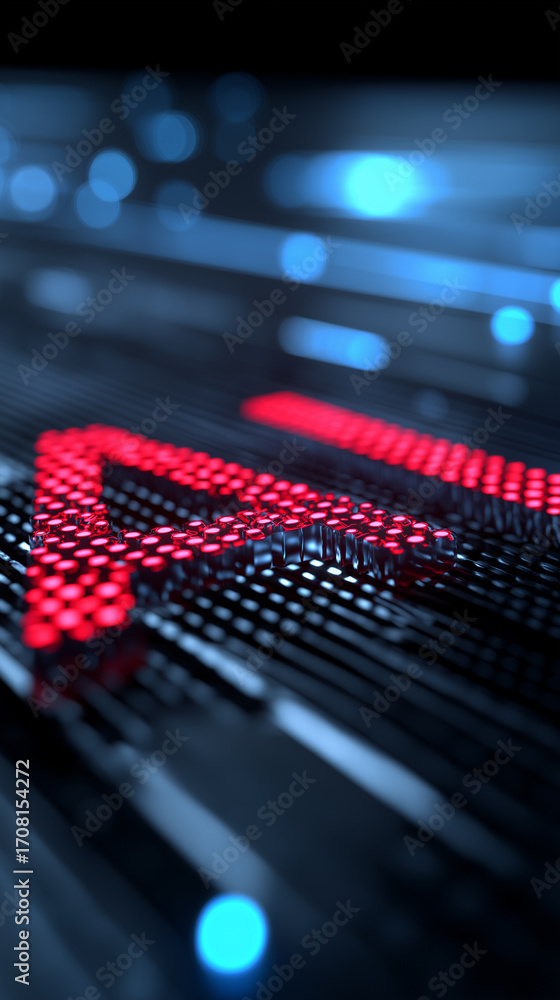 Poster red glowing ai symbol displayed in futuristic digital environment.
