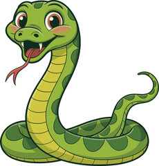 Cartoon snake illustration, cheerful reptile character, green body, forked tongue, expressive eyes, cute fangs, coiled pose, vector art, children content