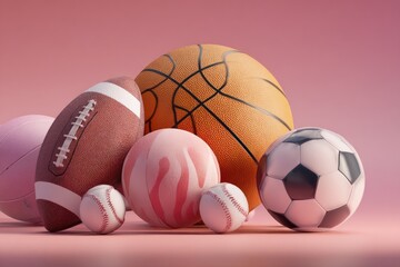 A cluster of various sports balls ? basketball, football, soccer ball, baseballs, and others ? rests on a pale pink surface against a matching background.  The balls are realistically rendered