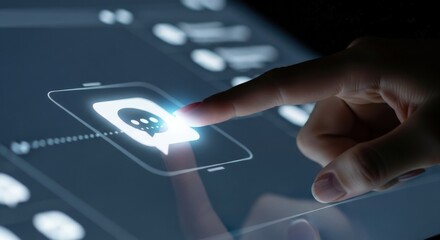 Finger touching a glowing chat bubble icon on a digital screen.