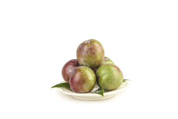 Fresh Sichuan Phoenix Plums Sweet Asian Fruit on White Plate