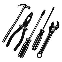 Illustration of a hammer, pliers, wrench, and screwdrivers