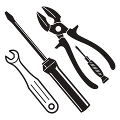 Illustration of a wrench, pliers, and screwdrivers