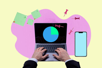 Collage of business blogger man woman deice digital gadget chat window symbolizing ideas online media social platforms