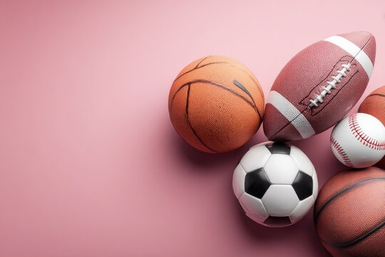 A cluster of various sports balls?basketball, soccer ball, baseball, and American football?rests on a soft pink background, leaving ample empty space - Powered by Adobe