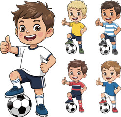 Cartoon soccer boys, vector football players, kids sports illustration, thumbs up pose, diverse uniforms, team character design, stock image artwork