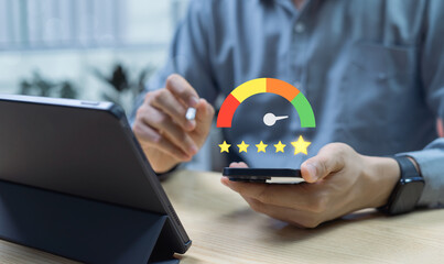 Customer satisfaction and online review concept showing person giving five-star rating via...