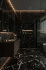 A modern bathroom boasts dark marble with white veining, creating a luxurious and sophisticated space.