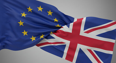 Symbolic Union: Two flags, the European Union flag and the flag of the United Kingdom, intertwine, a visual representation of international collaboration and diplomacy.