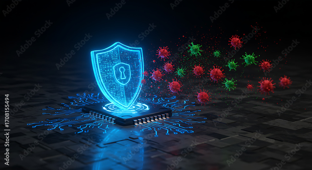 Poster cybersecurity shield: an image depicting a glowing blue shield with a lock symbol, symbolizing data 