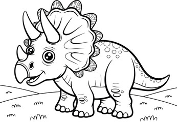 Cartoon triceratops dinosaur, black and white illustration, prehistoric animal drawing, cute vector character, children’s coloring page, stock image design