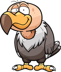 Cartoon vulture with large beak, funny scavenger bird, brown plumage, comic wildlife character, animal vector illustration, bald head, yellow feet