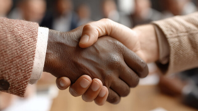 Diverse business partners sealing a deal with a firm handshake in a professional meeting setting