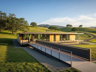 Fototapeta premium a country house with a modern wheelchair ramp. Architecture and design.
