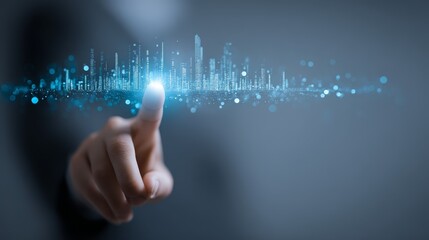 Urban innovation, person activates futuristic city control interface with panoramic cityscape backdrop