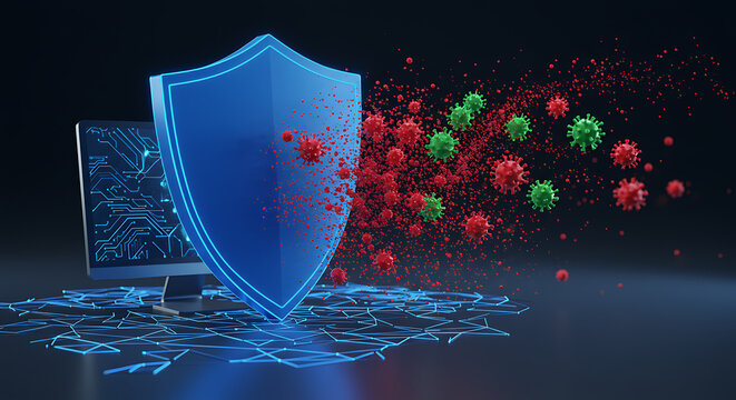 Digital Defense: A digital shield stands guard, fending off an onslaught of viral threats, with a detailed representation of a computer screen in the background.