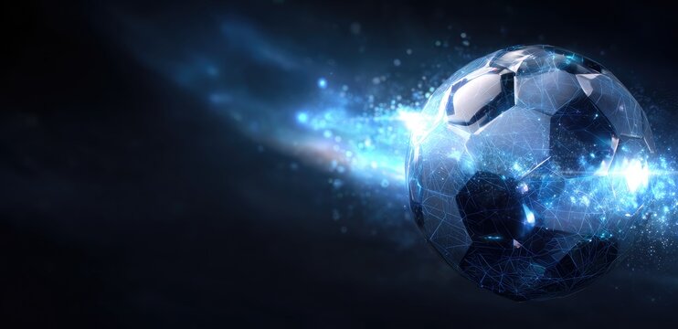 A futuristic soccer ball streaks across a dark background, leaving a glowing blue trail of light and particles