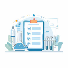Medical Research Checklist: Clipboard with Checkboxes, Erlenmeyer Flask, Test Tubes, and Syringe