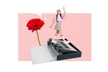 Creative collage picture young cheerful walk step wave hand hello say greeting record tape cassette flower blossom entertainment