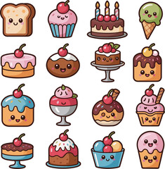 Cute cartoon dessert characters, kawaii cake and ice cream, smiling sweets, vector food illustration, adorable bakery treats, stock image